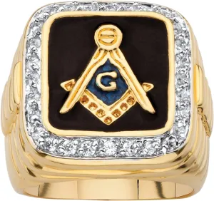 PalmBeach Men's Yellow Gold-Plated Round Cubic Zirconia Black Enamel Masonic Ring Sizes 8-13