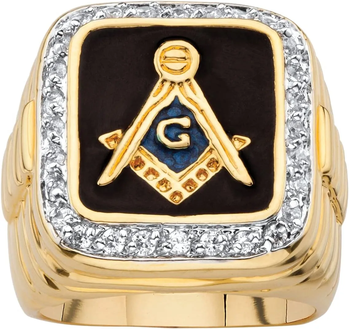 PalmBeach Men's Yellow Gold-Plated Round Cubic Zirconia Black Enamel Masonic Ring Sizes 8-13