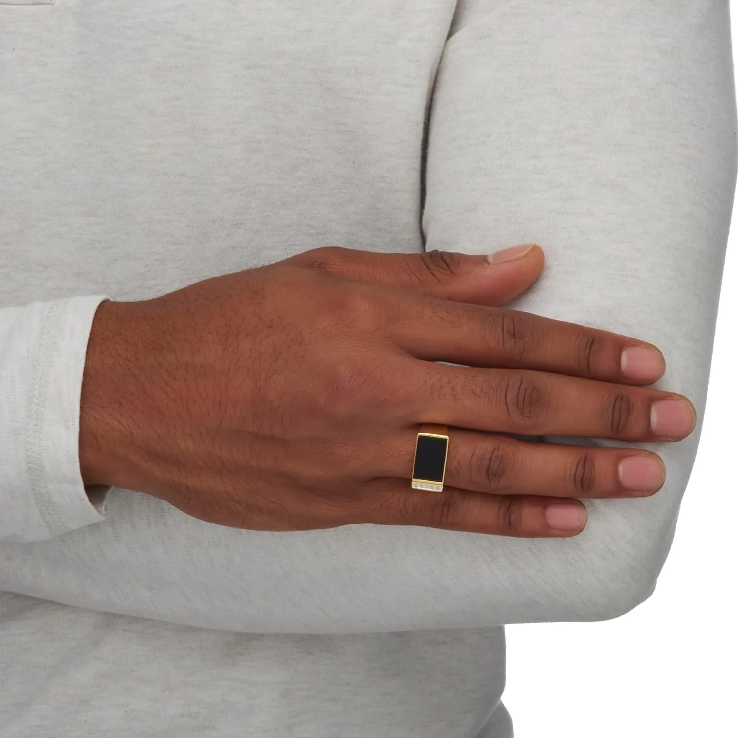 PalmBeach Men's Yellow Gold-plated Sterling Silver Emerald Cut Natural Black Onyx and Diamond Accent Ring Sizes 8-13