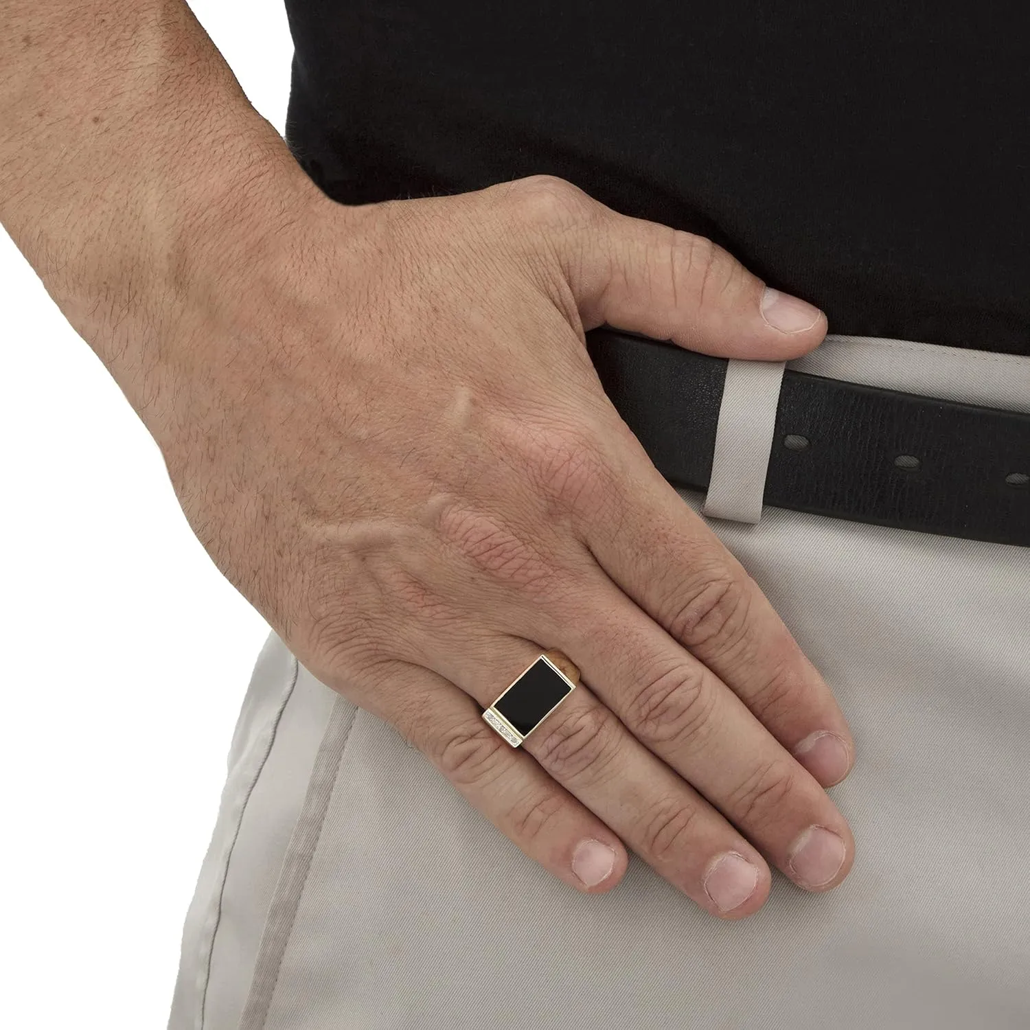 PalmBeach Men's Yellow Gold-plated Sterling Silver Emerald Cut Natural Black Onyx and Diamond Accent Ring Sizes 8-13