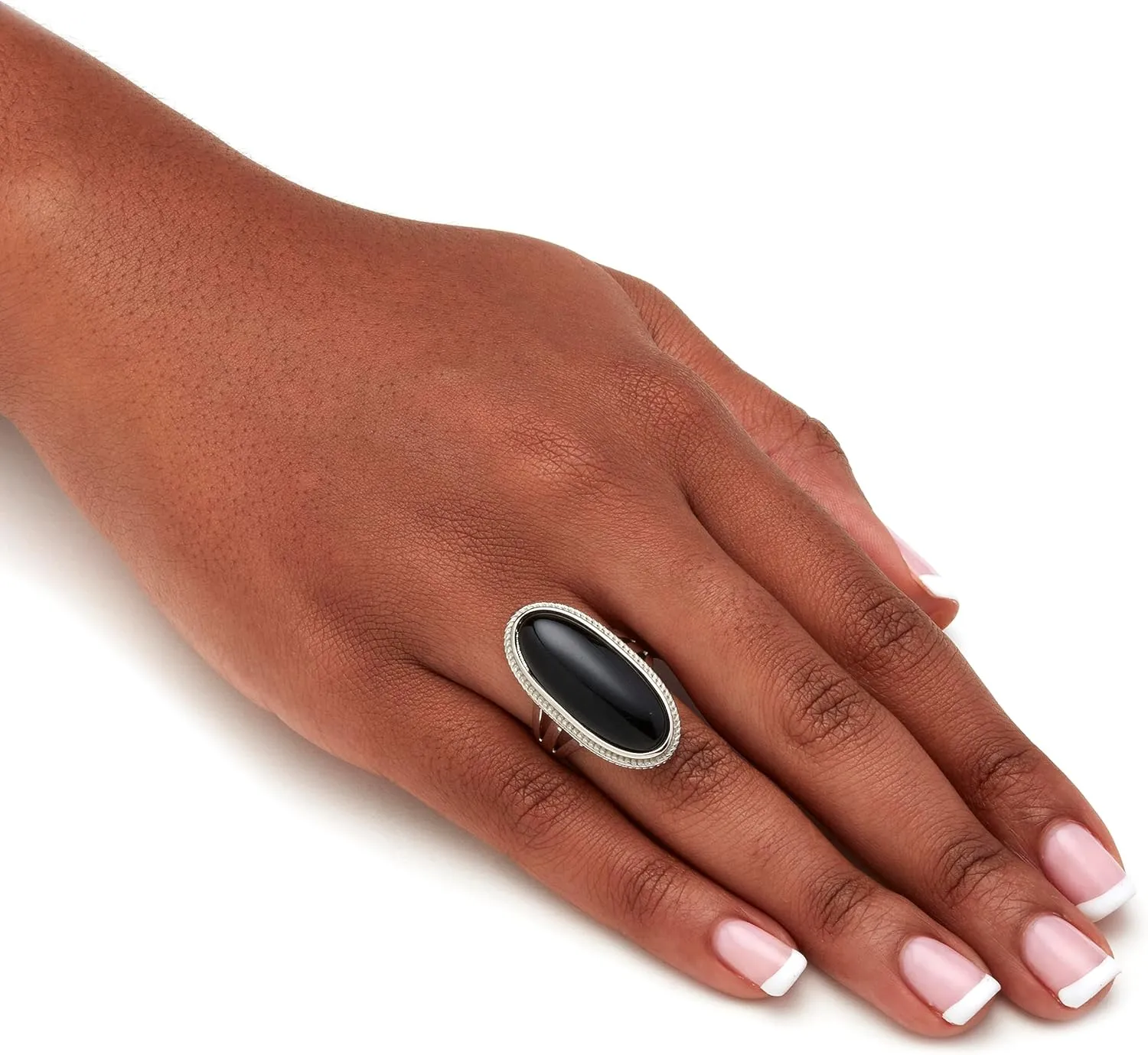 PalmBeach Sterling Silver Oval Shaped Natural Black Onyx Spllit Shank Ring Sizes 6-12