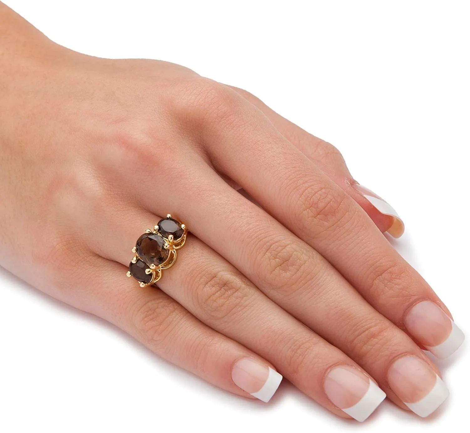 PalmBeach Yellow Gold-plated Oval Cut Genuine Smoky Quartz 3-Stone Ring Sizes 5-10