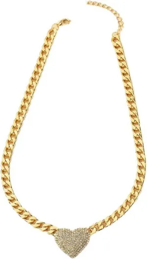 Pave Crystal Heart Pendant Necklace For Women Gold Tone Cuban Chain Party Costume Jewelry