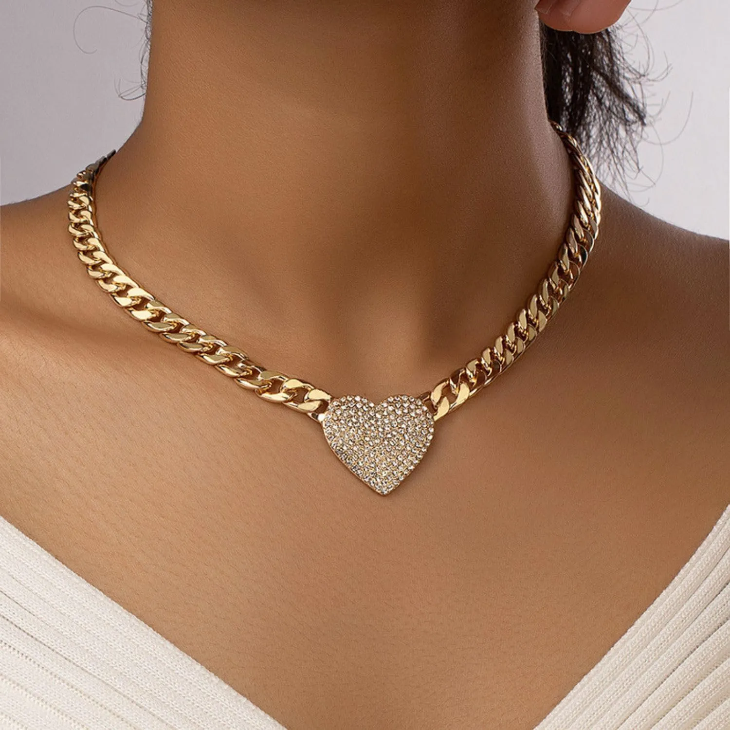 Pave Crystal Heart Pendant Necklace For Women Gold Tone Cuban Chain Party Costume Jewelry