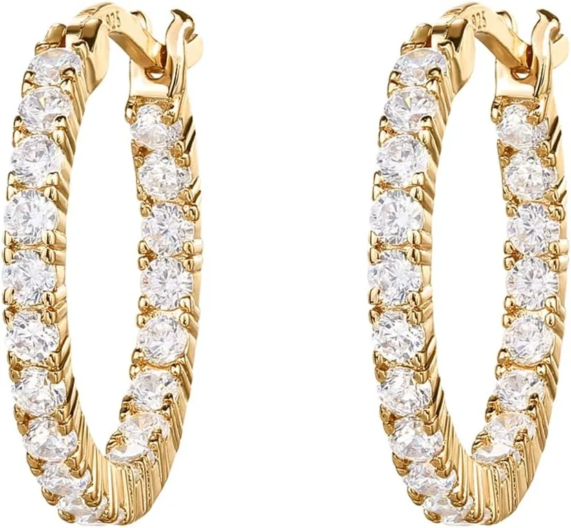 PAVOI 14K Gold Plated 925 Sterling Silver Post Cubic Zirconia Hoop Earrings for Women | Elegant Inside Out CZ Stone Hoop Earrings
