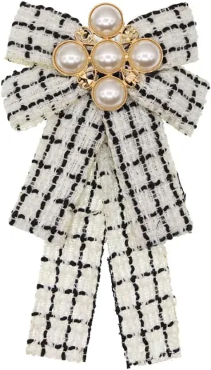 Pearl Bowknot Pre-Tied Brooch Elegant Ribbon Neck Tie Pin for Women Ladies Girls Student Brooches Suit Shirt Pins Fashion Collar Clothing Accessories for Daughter Mom Graduation