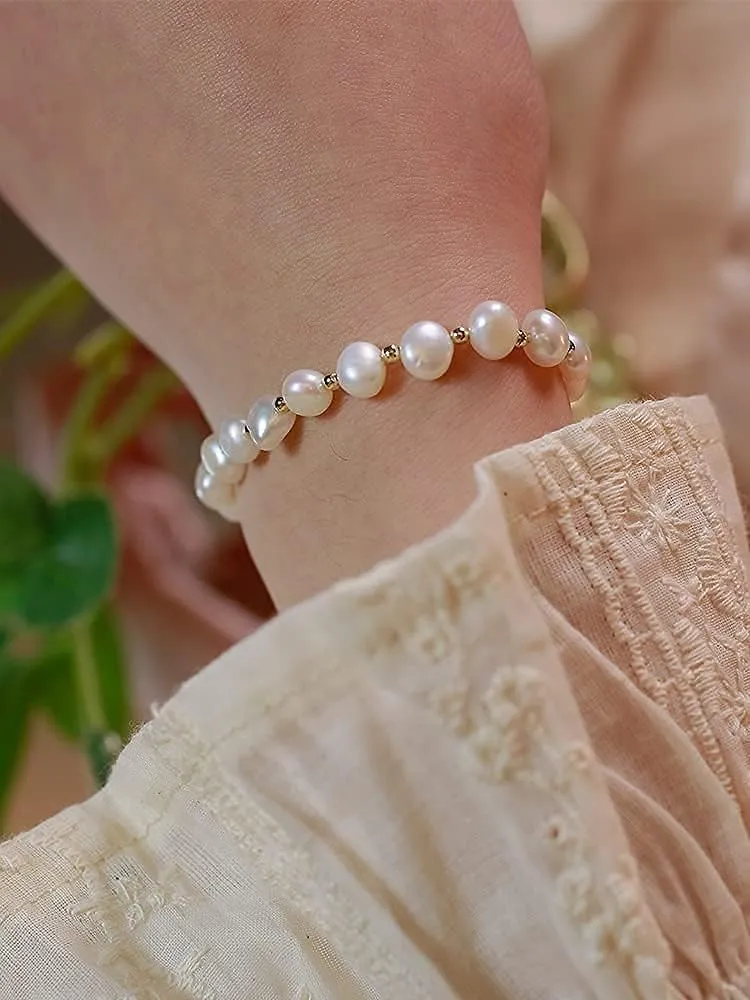 Pearl Bracelet 6mm Handpicked Pearl Chain 18k Gold Plated Delicate Vintage Y2k Jewelry Gifts for Mom Women Girls