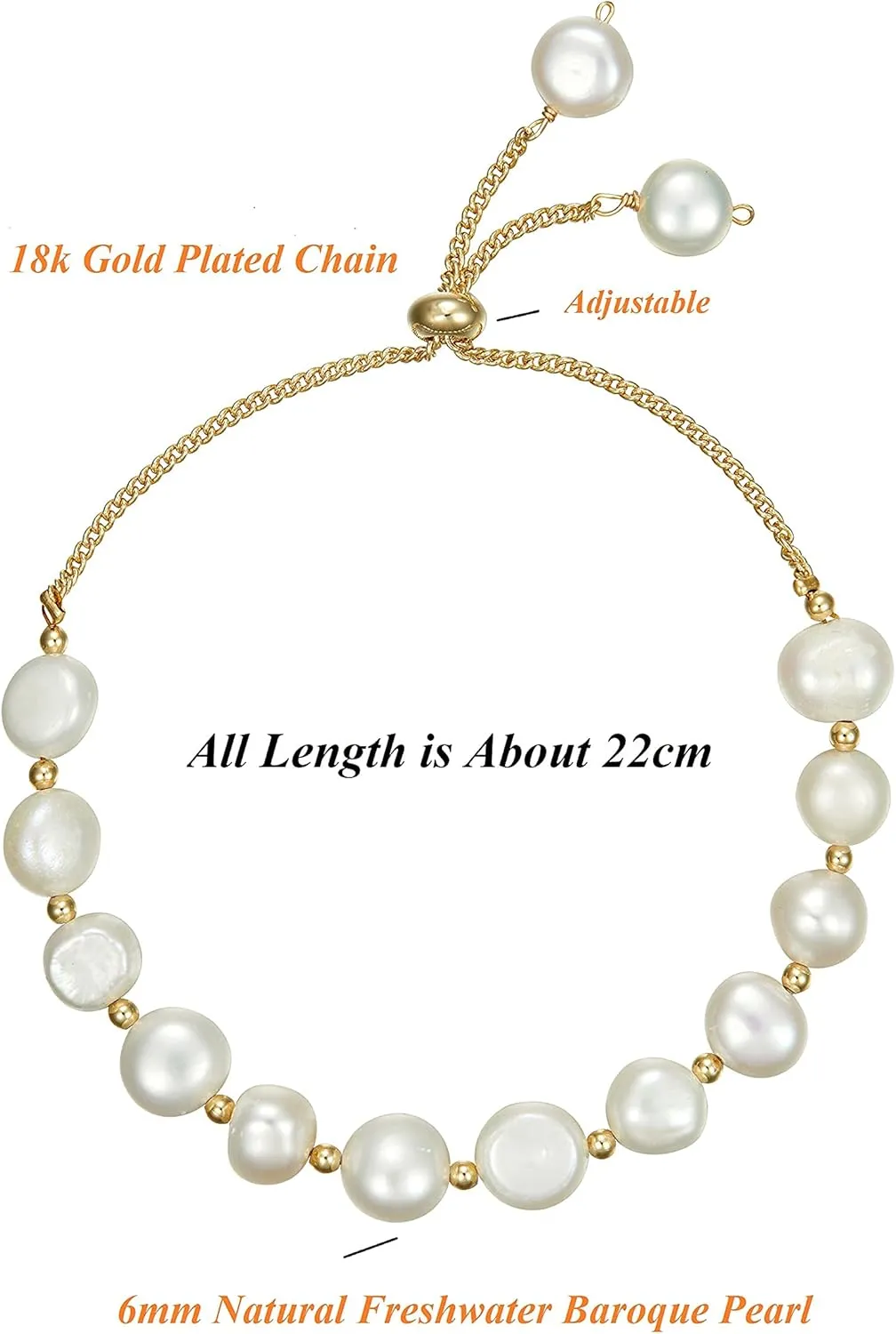 Pearl Bracelet 6mm Handpicked Pearl Chain 18k Gold Plated Delicate Vintage Y2k Jewelry Gifts for Mom Women Girls