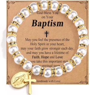 Pearl Cross Bracelet for Girls Catholic Baptism Confirmation Holy Communion Gifts for Teen Girls Easter Stuffers Religious Jewelry for Teens