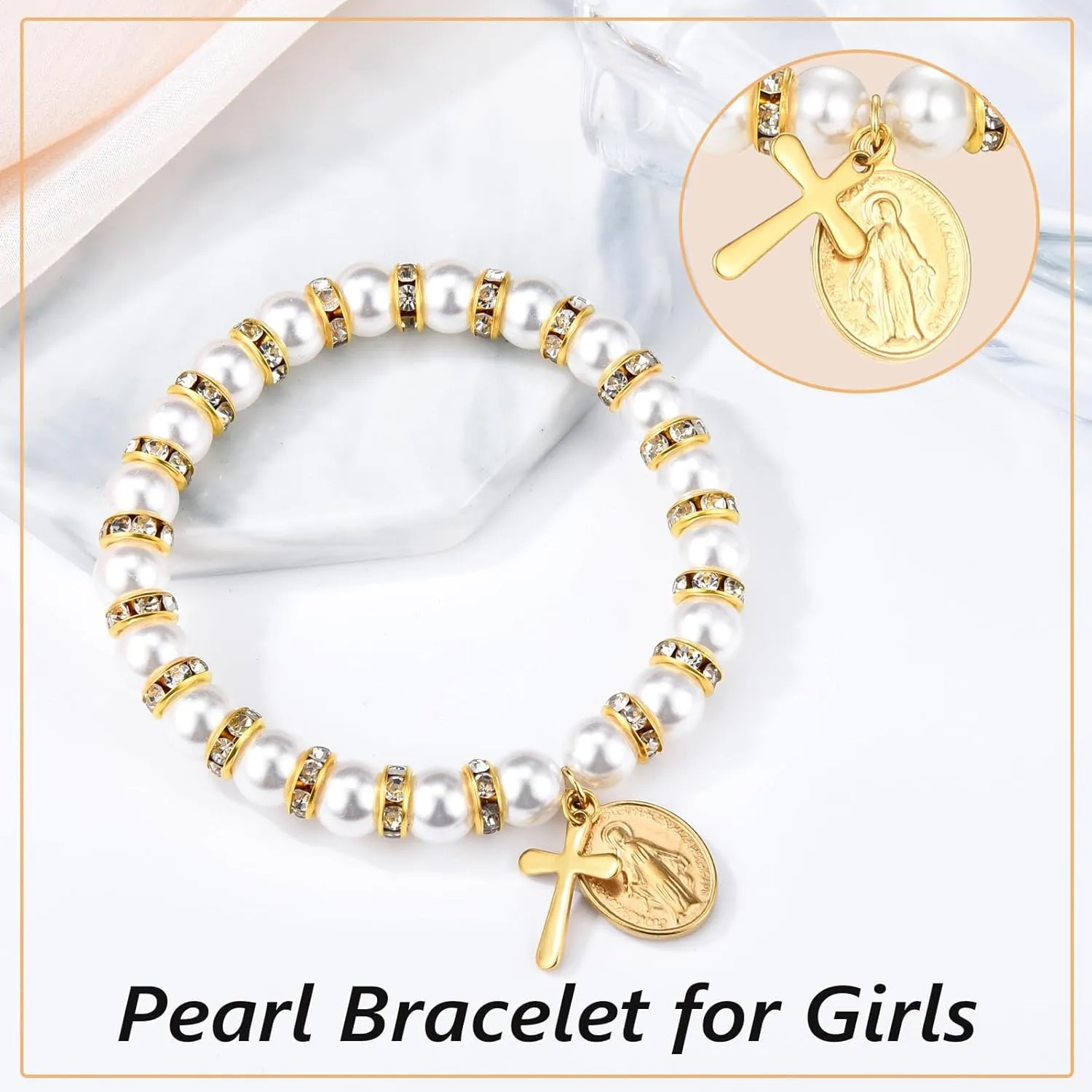Pearl Cross Bracelet for Girls Catholic Baptism Confirmation Holy Communion Gifts for Teen Girls Easter Stuffers Religious Jewelry for Teens