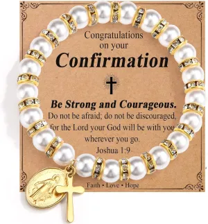 Pearl Cross Bracelet for Girls Catholic Baptism Confirmation Holy Communion Gifts for Teen Girls Easter Stuffers Religious Jewelry for Teens