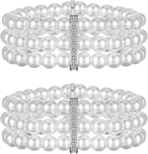 Pearl Cuff Bracelet 2pcs 1920s Imitation Pearl Bracelet Multi-Layered Elastic Bangle 3 Rows Faux Pearls Accent White Stretch Wrist Vintage Bracelets For Women Bridal Wedding Jewelry
