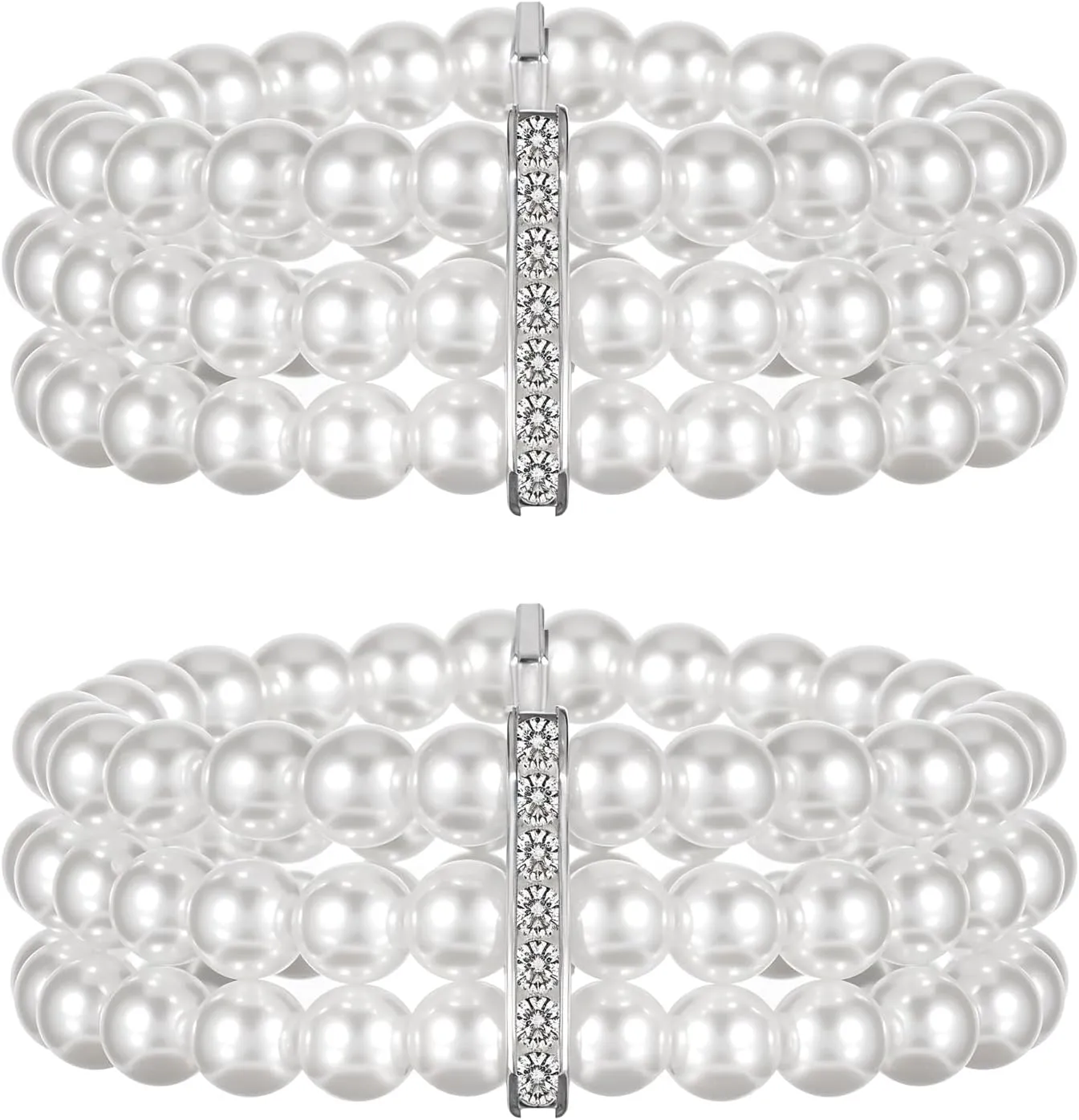 Pearl Cuff Bracelet 2pcs 1920s Imitation Pearl Bracelet Multi-Layered Elastic Bangle 3 Rows Faux Pearls Accent White Stretch Wrist Vintage Bracelets For Women Bridal Wedding Jewelry
