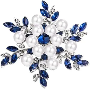 Pearl Flower Blue CZ Snowflake Crystal Christmas Brooch Lapel Pins for Women Lady Dainty Rhinestones Winter Flowers Brooches Pin Suit Dress Clothes Accessories Fashion Jewelry Gifts for Thanksgiving Birthday Her 48mm
