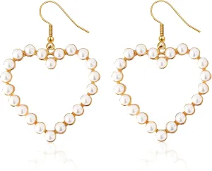 Pearl Heart Hoop Dangle Anmpab Earrings Imitation Pearl Love Heart Circle Beaded Loop Drop Earrings for Women Elegant Jewelry Valentines Day