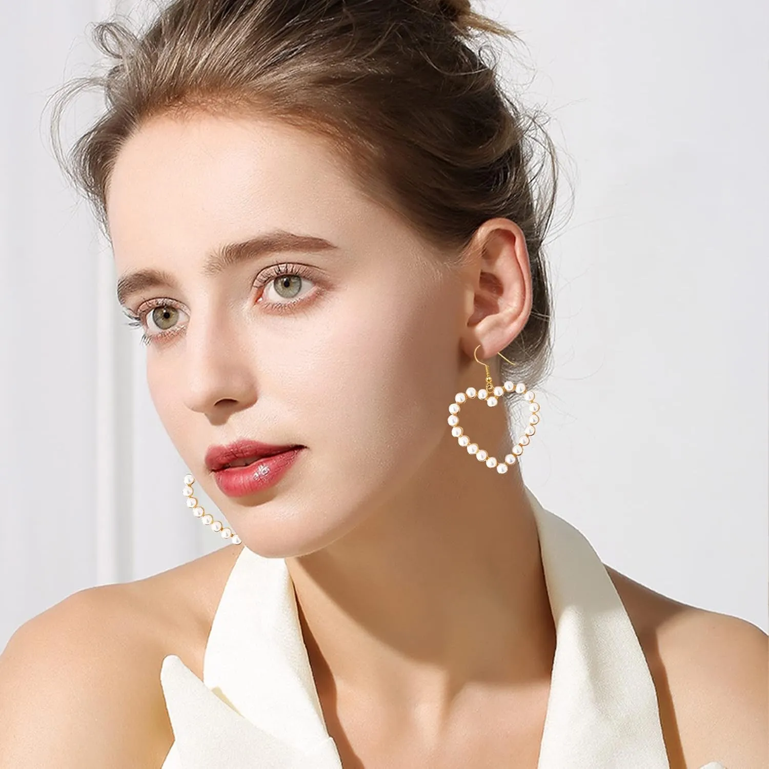 Pearl Heart Hoop Dangle Anmpab Earrings Imitation Pearl Love Heart Circle Beaded Loop Drop Earrings for Women Elegant Jewelry Valentines Day