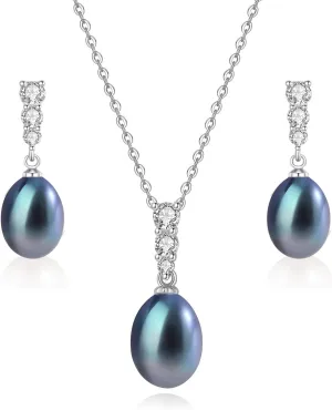 Pearl Necklace and Earrings Set, Saltwater/Freshwater Cultured Pearl 9-10mm, 925 Sterling Silver Drop Set with CZ Diamonds, Luxury Jewelry Gifts for Wife, Mom, Girlfriend