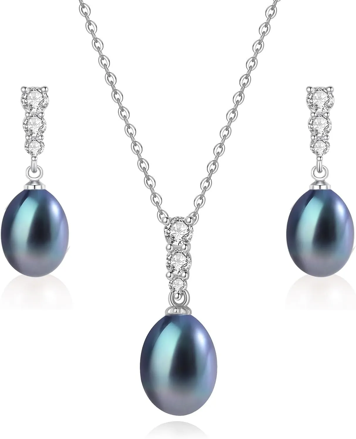 Pearl Necklace and Earrings Set, Saltwater/Freshwater Cultured Pearl 9-10mm, 925 Sterling Silver Drop Set with CZ Diamonds, Luxury Jewelry Gifts for Wife, Mom, Girlfriend