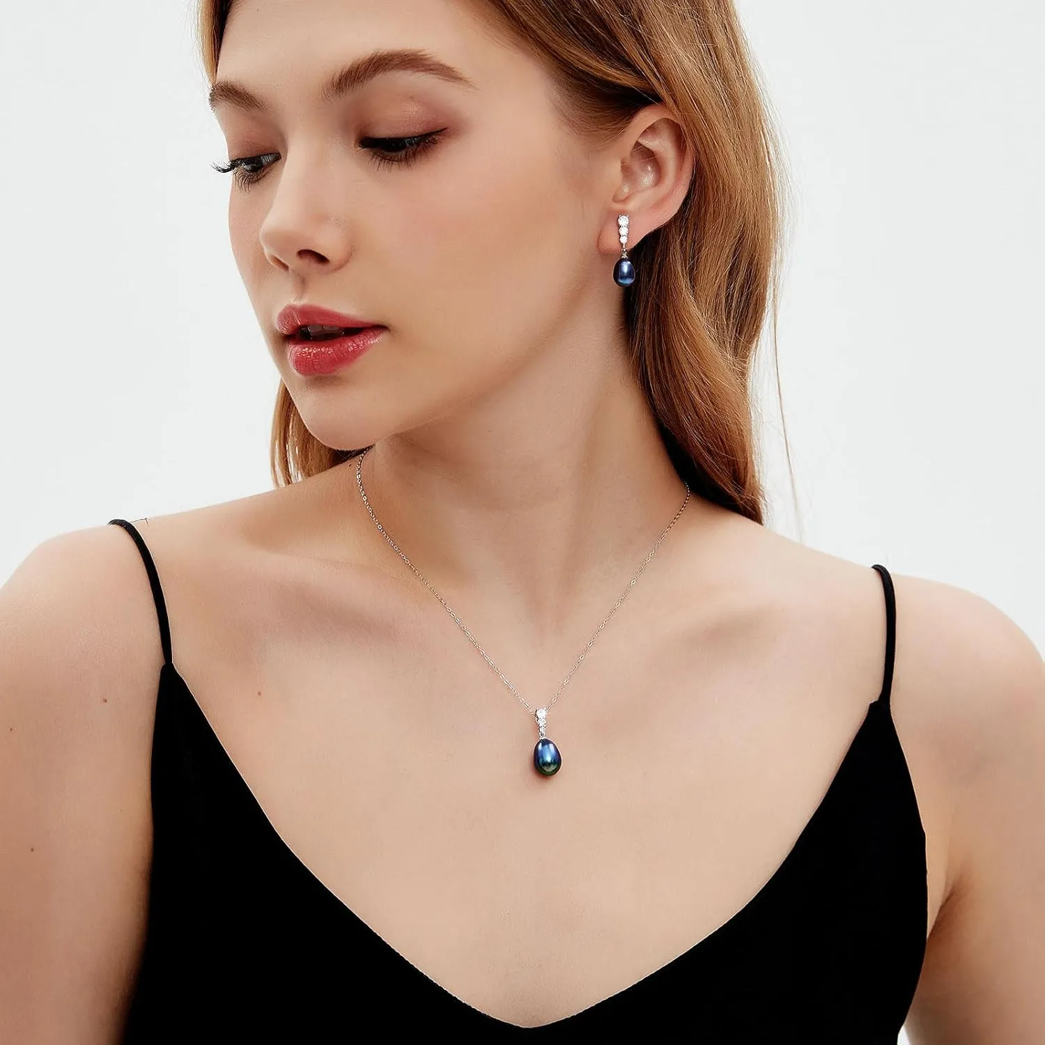 Pearl Necklace and Earrings Set, Saltwater/Freshwater Cultured Pearl 9-10mm, 925 Sterling Silver Drop Set with CZ Diamonds, Luxury Jewelry Gifts for Wife, Mom, Girlfriend