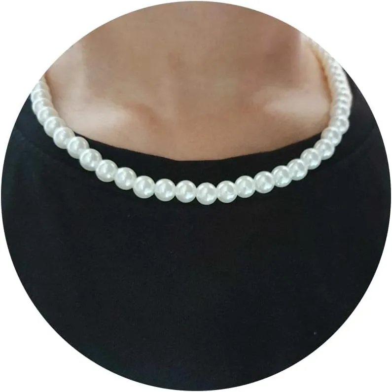 Pearl Necklace for Men, 6mm 8mm White Round Pearl Choker Necklace Fashion Jewelry with Delicate Box for Men Women Teens
