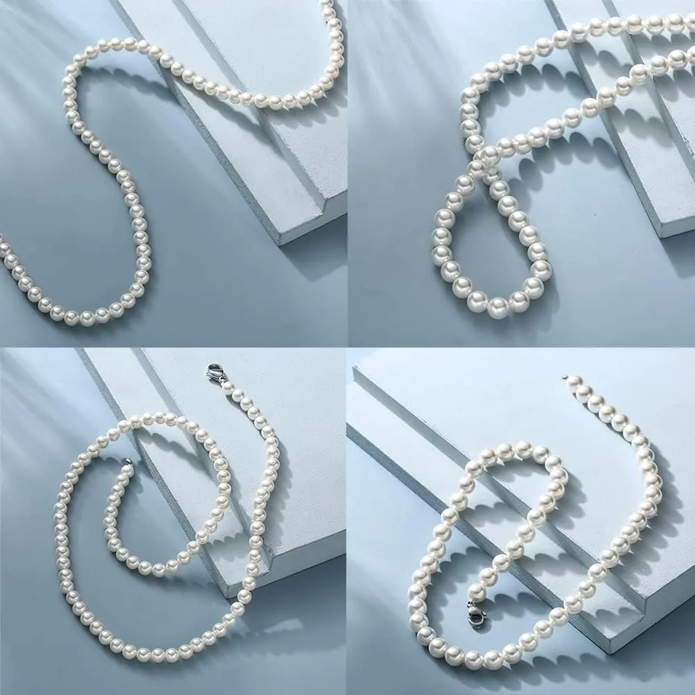 Pearl Necklace for Men, 6mm 8mm White Round Pearl Choker Necklace Fashion Jewelry with Delicate Box for Men Women Teens