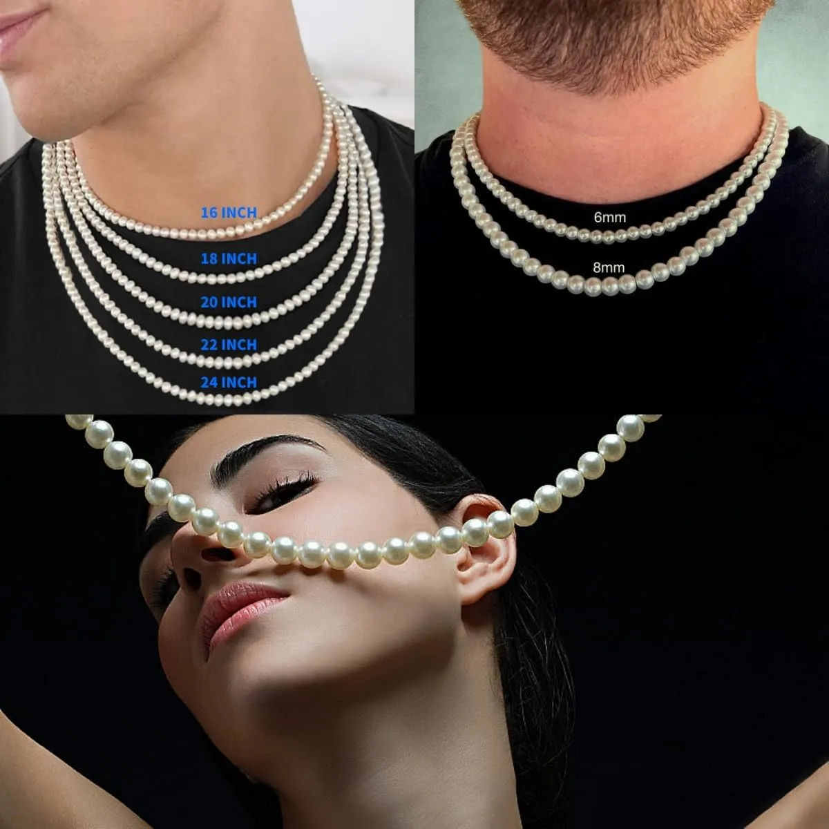 Pearl Necklace for Men, 6mm 8mm White Round Pearl Choker Necklace Fashion Jewelry with Delicate Box for Men Women Teens