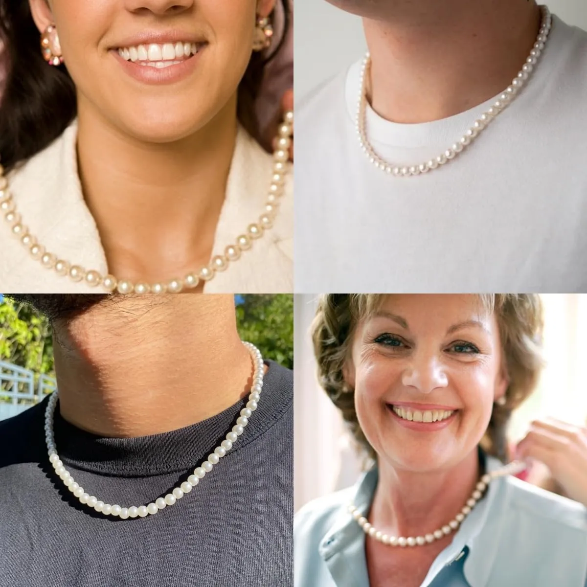 Pearl Necklace for Men, 6mm 8mm White Round Pearl Choker Necklace Fashion Jewelry with Delicate Box for Men Women Teens