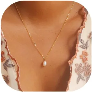Pearl Necklaces for Women, 14K Gold Plated Handmade Dainty Pearl Chain Necklace Delicate Freshwater Pearl Pendent Necklace for Women Everyday Jewelry Gift