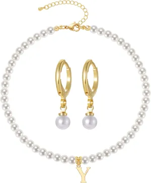 Pearl Necklaces for Women, Faux Pearl Choker Necklace And Earring Set Jewelry Gifts Mothers Day Gifts for Mom,Dainty Pendant Pearl Initial Necklace.