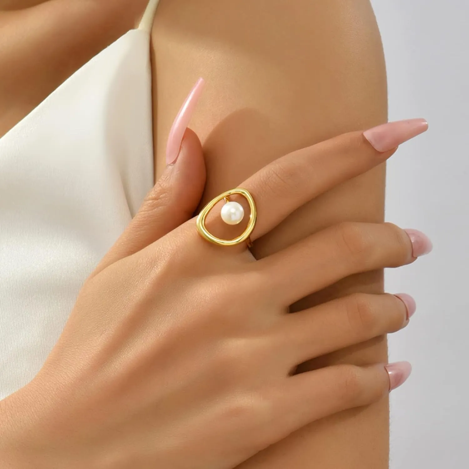 Pearl Ring for Women Sterling Silver 14k Gold Plated Ring Mother Daughter Ring Danity Irregular Statement Wedding Band Bridal Ring Jewelry Birthday Summer Ocean Gifts for Her