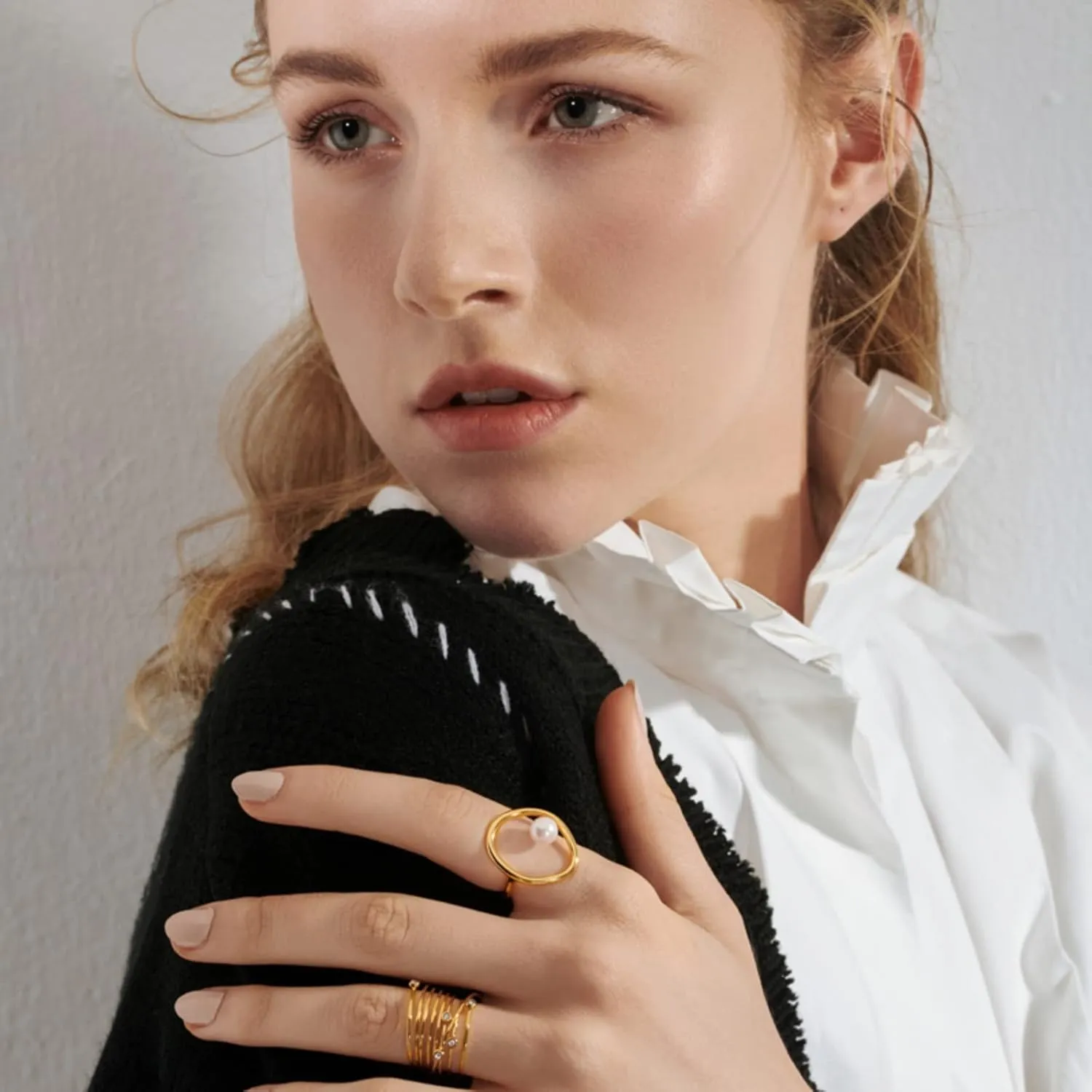 Pearl Ring for Women Sterling Silver 14k Gold Plated Ring Mother Daughter Ring Danity Irregular Statement Wedding Band Bridal Ring Jewelry Birthday Summer Ocean Gifts for Her