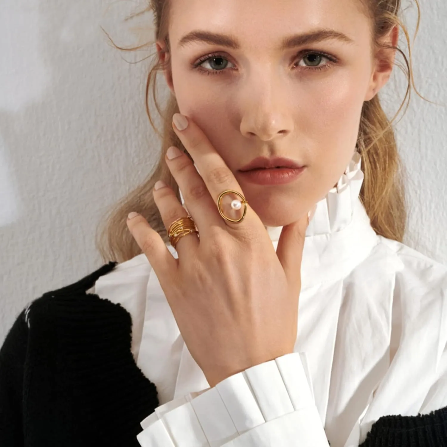 Pearl Ring for Women Sterling Silver 14k Gold Plated Ring Mother Daughter Ring Danity Irregular Statement Wedding Band Bridal Ring Jewelry Birthday Summer Ocean Gifts for Her