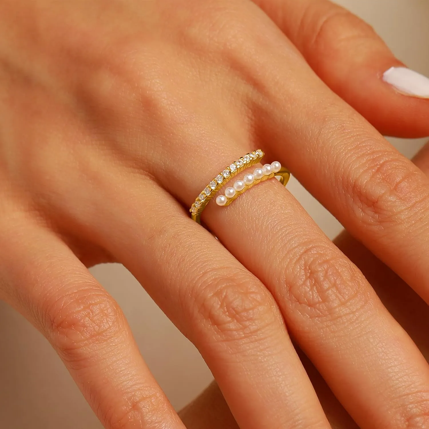 Pearl Rings for Women Dainty 925 Sterling Silver 14K Gold Plated Pearl Stackable CZ Adjustable Open Wrap Rings Fashion Statement Wedding Band Ring Jewelry Birthday Summer Ocean for Her