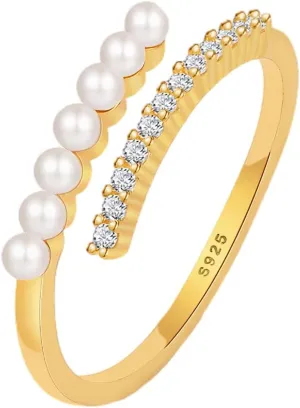 Pearl Rings for Women Dainty 925 Sterling Silver 14K Gold Plated Pearl Stackable CZ Adjustable Open Wrap Rings Fashion Statement Wedding Band Ring Jewelry Birthday Summer Ocean for Her