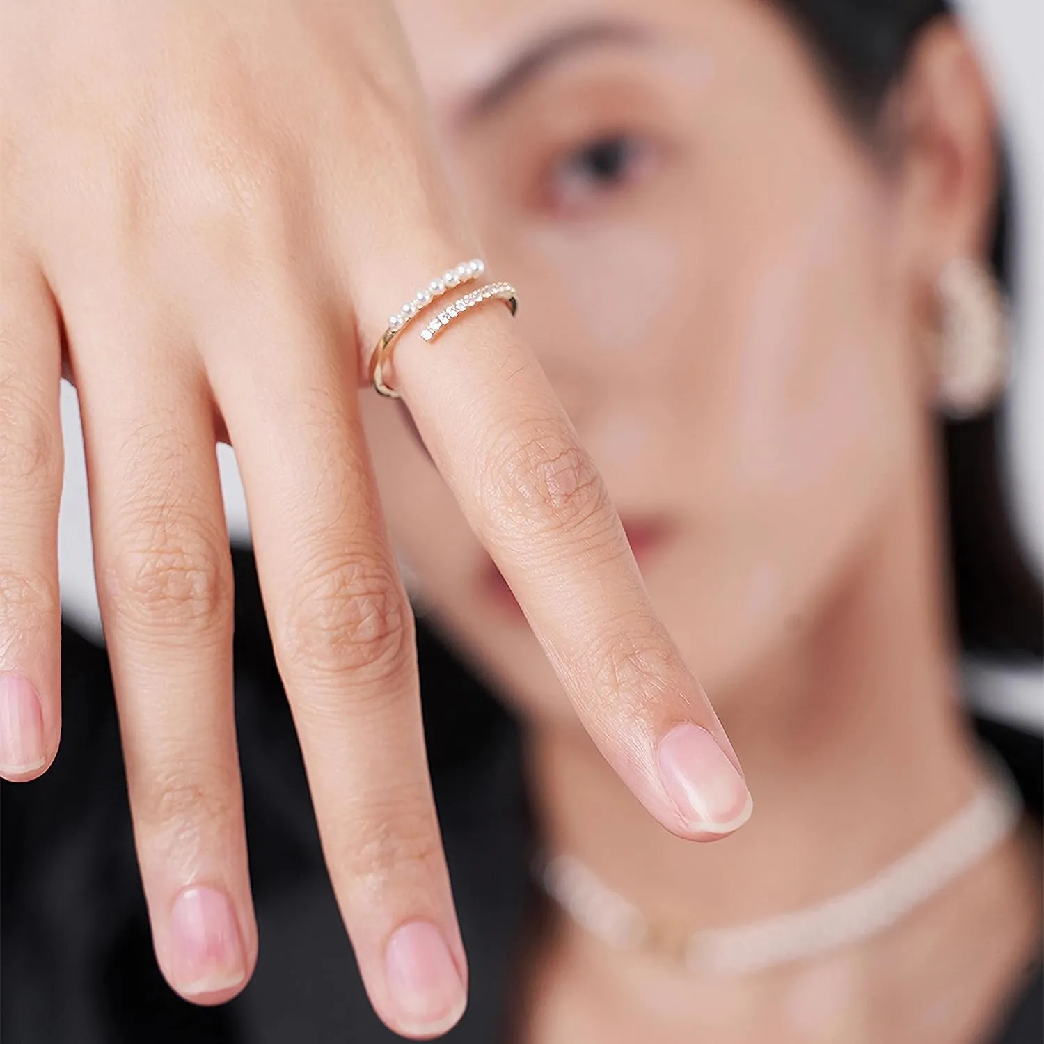 Pearl Rings for Women Dainty 925 Sterling Silver 14K Gold Plated Pearl Stackable CZ Adjustable Open Wrap Rings Fashion Statement Wedding Band Ring Jewelry Birthday Summer Ocean for Her