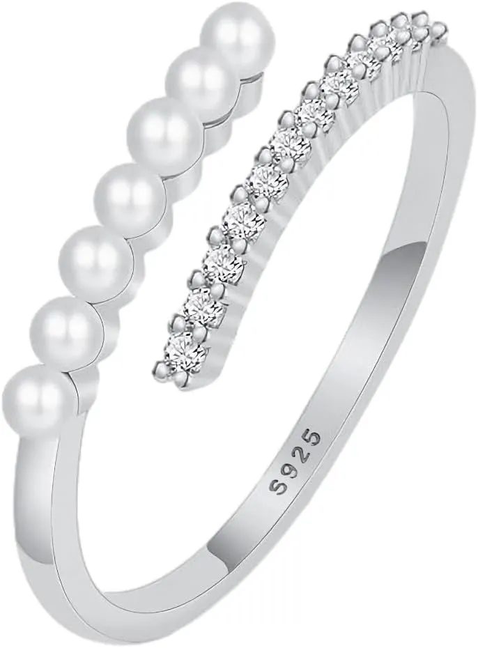 Pearl Rings for Women Dainty 925 Sterling Silver 14K Gold Plated Pearl Stackable CZ Adjustable Open Wrap Rings Fashion Statement Wedding Band Ring Jewelry Birthday Summer Ocean for Her