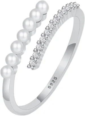 Pearl Rings for Women Dainty 925 Sterling Silver 14K Gold Plated Pearl Stackable CZ Adjustable Open Wrap Rings Fashion Statement Wedding Band Ring Jewelry Birthday Summer Ocean for Her
