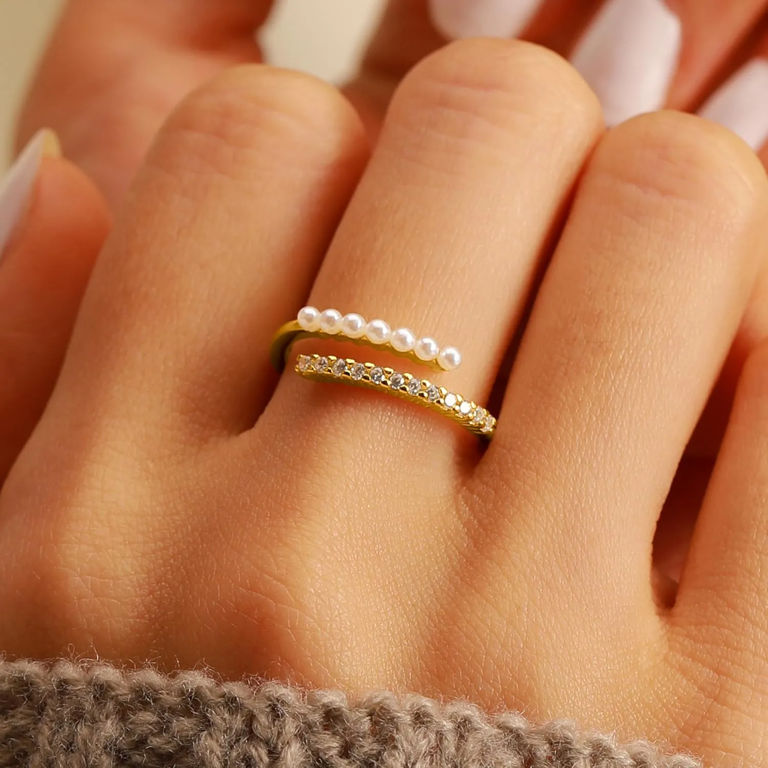 Pearl Rings for Women Dainty 925 Sterling Silver 14K Gold Plated Pearl Stackable CZ Adjustable Open Wrap Rings Fashion Statement Wedding Band Ring Jewelry Birthday Summer Ocean for Her