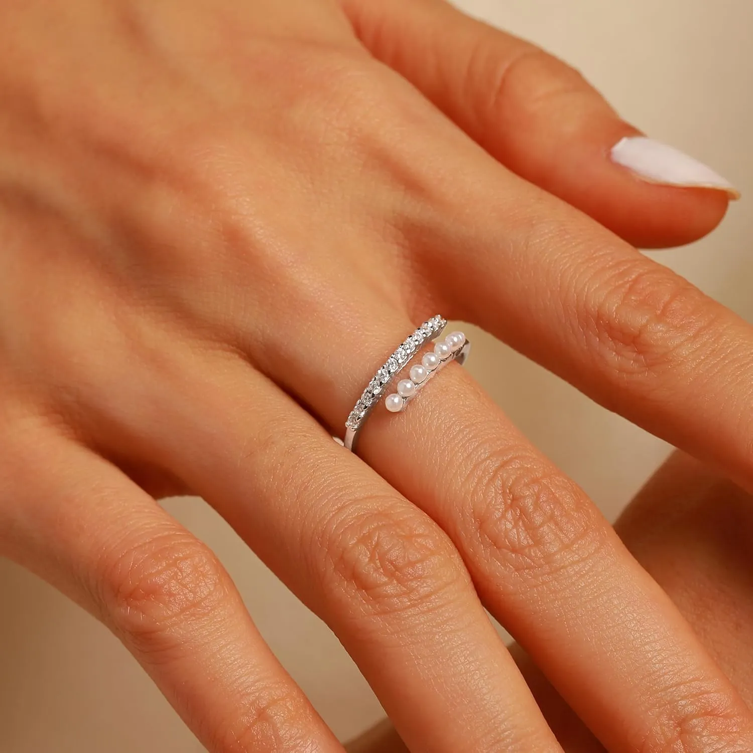 Pearl Rings for Women Dainty 925 Sterling Silver 14K Gold Plated Pearl Stackable CZ Adjustable Open Wrap Rings Fashion Statement Wedding Band Ring Jewelry Birthday Summer Ocean for Her