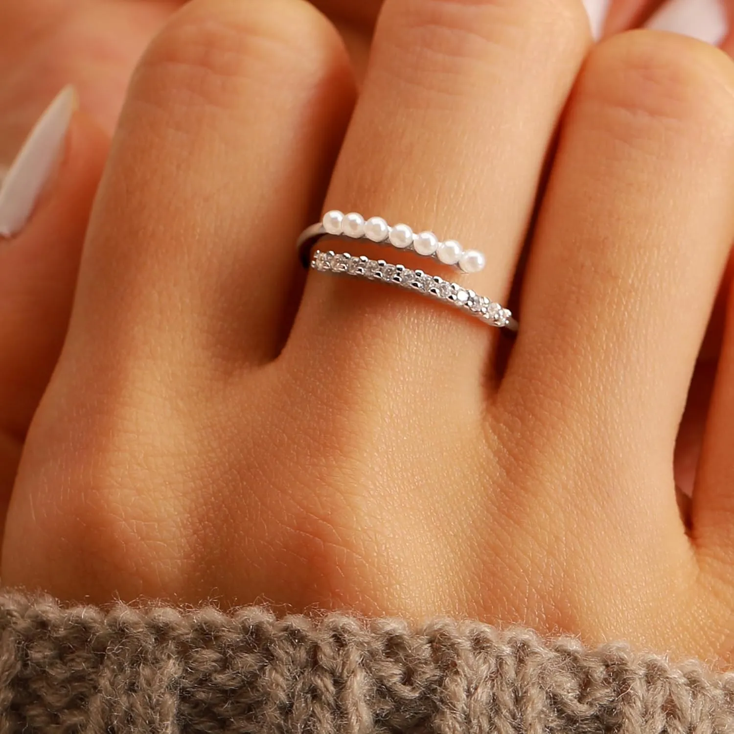 Pearl Rings for Women Dainty 925 Sterling Silver 14K Gold Plated Pearl Stackable CZ Adjustable Open Wrap Rings Fashion Statement Wedding Band Ring Jewelry Birthday Summer Ocean for Her