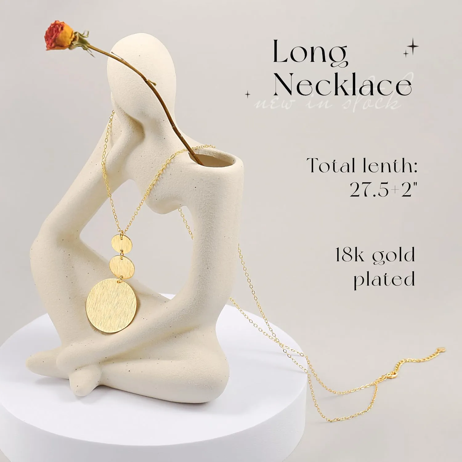 PEARLADA 18k Gold Chain Long Necklace, Boho Sweater Necklace for Women, Geometric Pendant Y Necklace