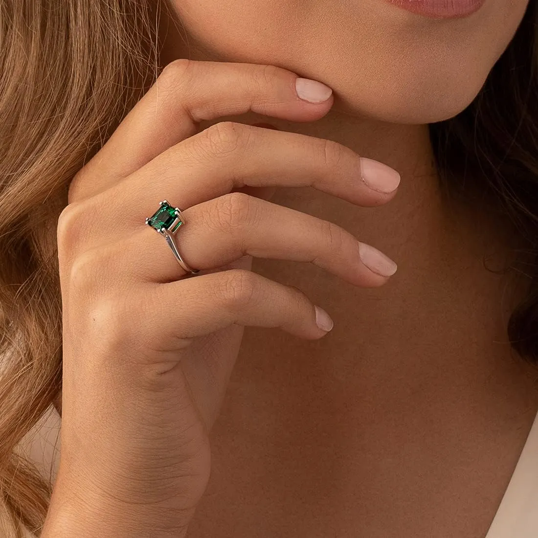 PEORA Created Emerald Classic Solitaire Ring for Women in 14K White Gold, 2 Carats Princess Cut 8mm, Comfort Fit, Sizes 5 to 9