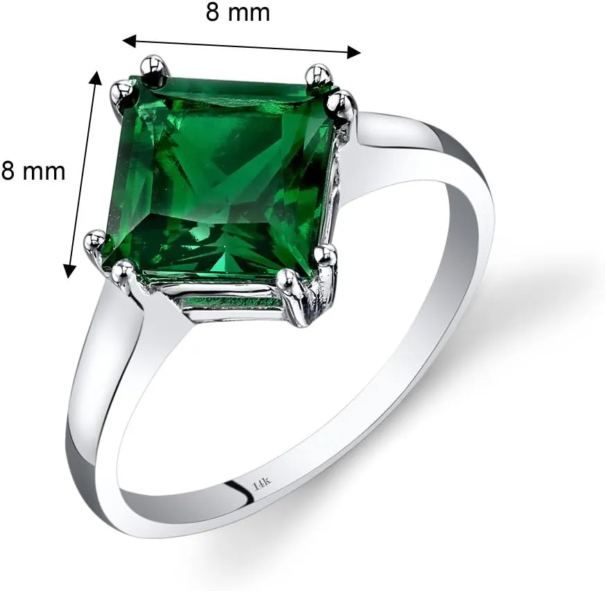 PEORA Created Emerald Classic Solitaire Ring for Women in 14K White Gold, 2 Carats Princess Cut 8mm, Comfort Fit, Sizes 5 to 9