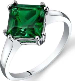 PEORA Created Emerald Classic Solitaire Ring for Women in 14K White Gold, 2 Carats Princess Cut 8mm, Comfort Fit, Sizes 5 to 9