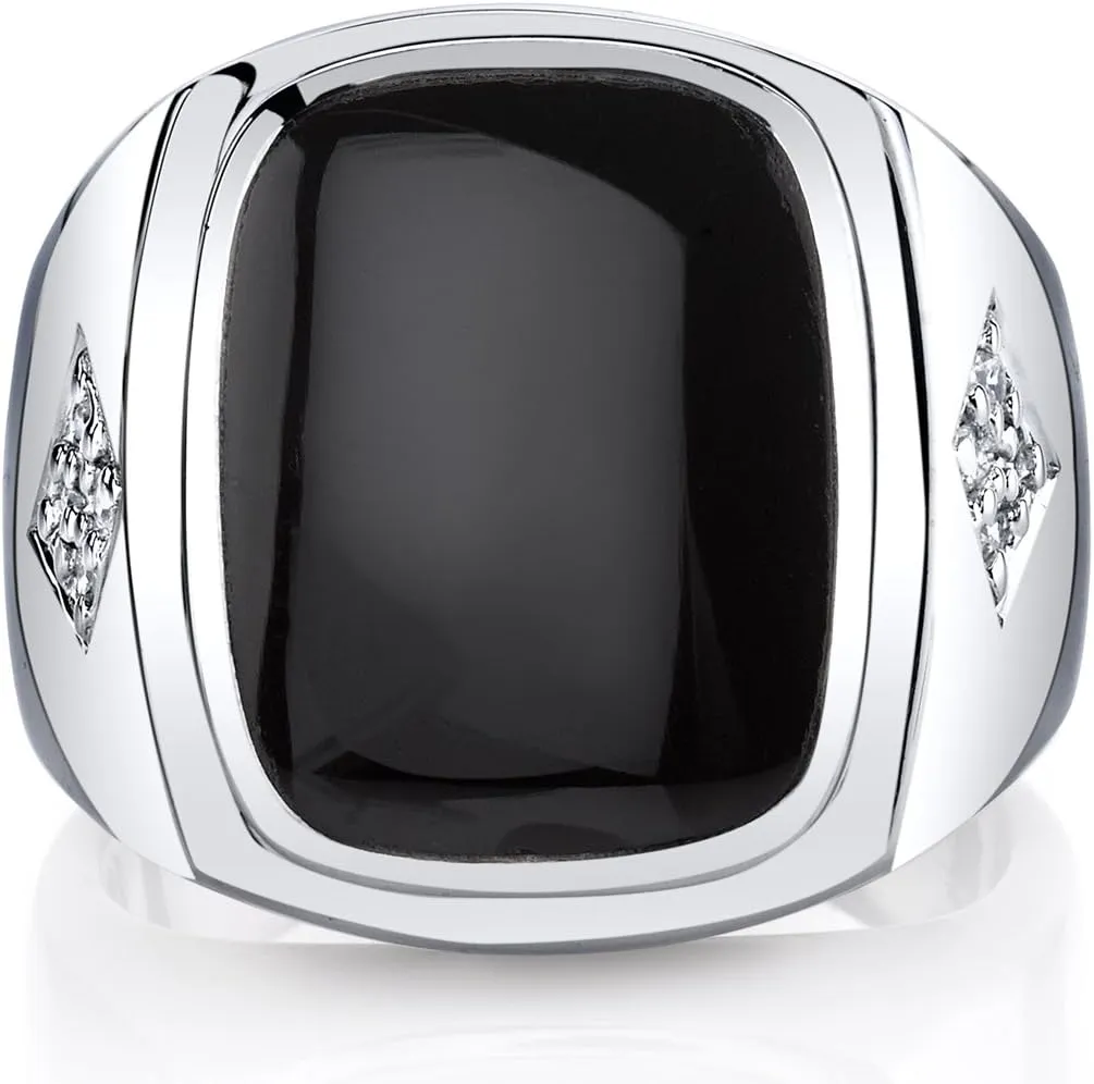PEORA Men's Genuine Black Onyx Knight Signet Ring 925 Sterling Silver, Large 15x12mm Cushion Cut Sizes 8 to 13