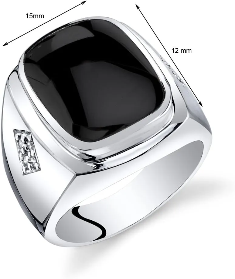 PEORA Men's Genuine Black Onyx Knight Signet Ring 925 Sterling Silver, Large 15x12mm Cushion Cut Sizes 8 to 13