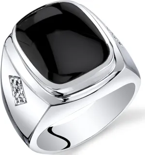 PEORA Men's Genuine Black Onyx Knight Signet Ring 925 Sterling Silver, Large 15x12mm Cushion Cut Sizes 8 to 13