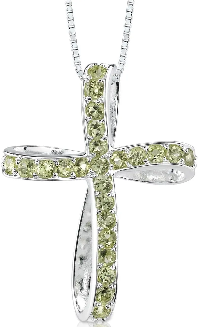 PEORA Peridot Cross Pendant Necklace for Women 925 Sterling Silver, Natural Gemstone, 1.50 Carats total, with 18 inch Chain, Real Green Peridot Jewelry, August Birthstone Earrings, w/Jewelry Box