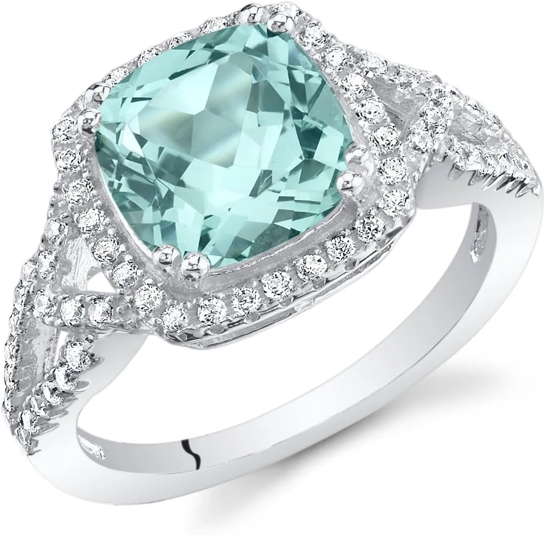 PEORA Simulated Paraiba Tourmaline Ring in Sterling Silver, 2 Carats total Cushion Cut, Enchanting Halo Design, Comfort Fit, Sizes 5 to 9