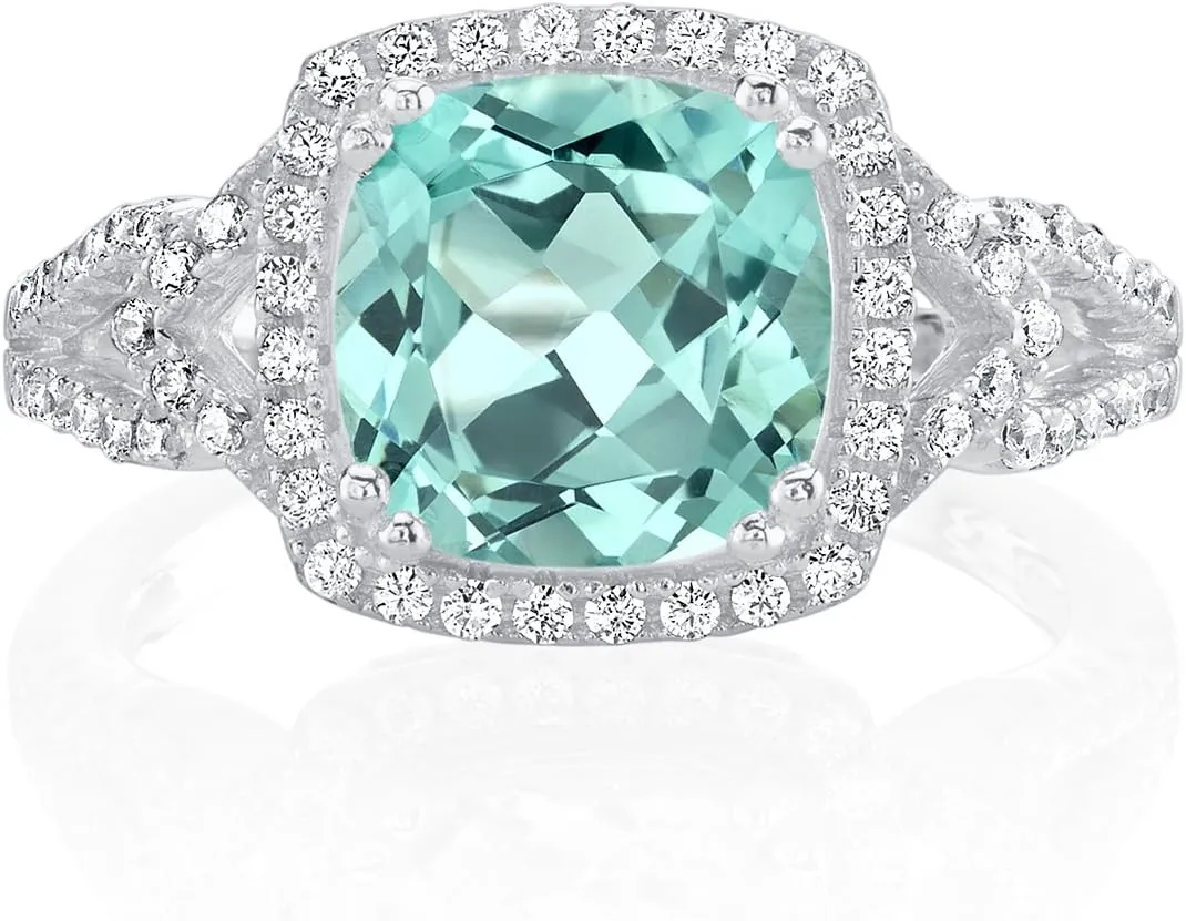 PEORA Simulated Paraiba Tourmaline Ring in Sterling Silver, 2 Carats total Cushion Cut, Enchanting Halo Design, Comfort Fit, Sizes 5 to 9
